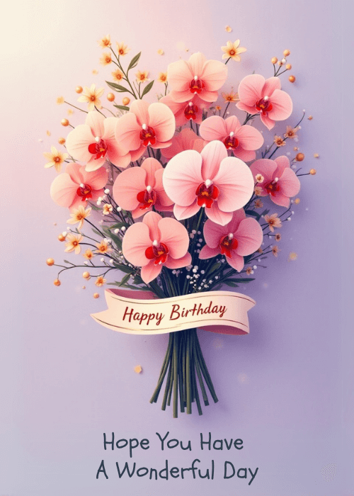 Bouquet of pink orchids with small yellow accent flowers and a Happy Birthday ribbon banner on a soft lavender background with text Hope You Have A Wonderful Day