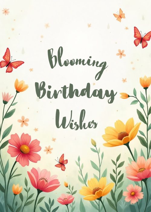 Happy birthday card with lush illustrated botanical florals surrounding a blooming birthday wishes message in flowing script against a vibrant floral background