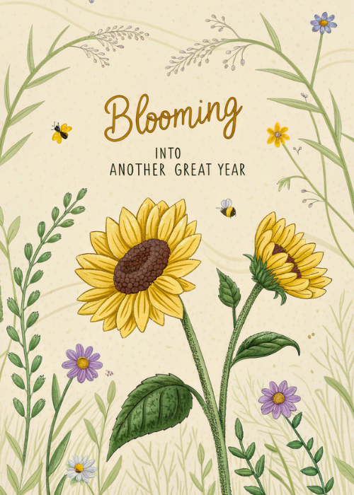 Illustrated sunflowers, wildflowers, lavender, and bees on a warm beige botanical background with Blooming into another great year text