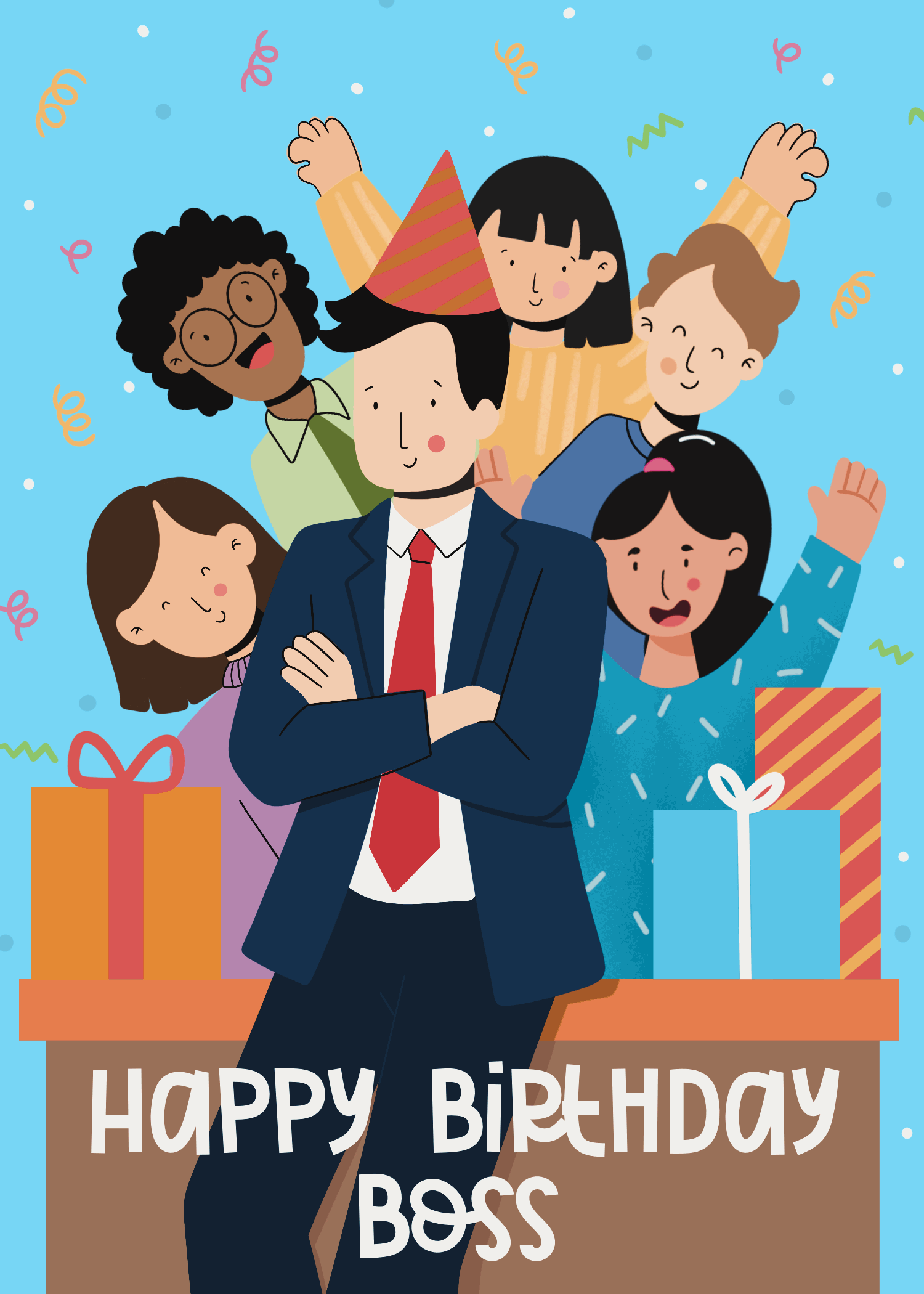 Blue animated birthday card with illustrated male boss in navy suit surrounded by celebrating team members and gift boxes with Happy Birthday Boss text