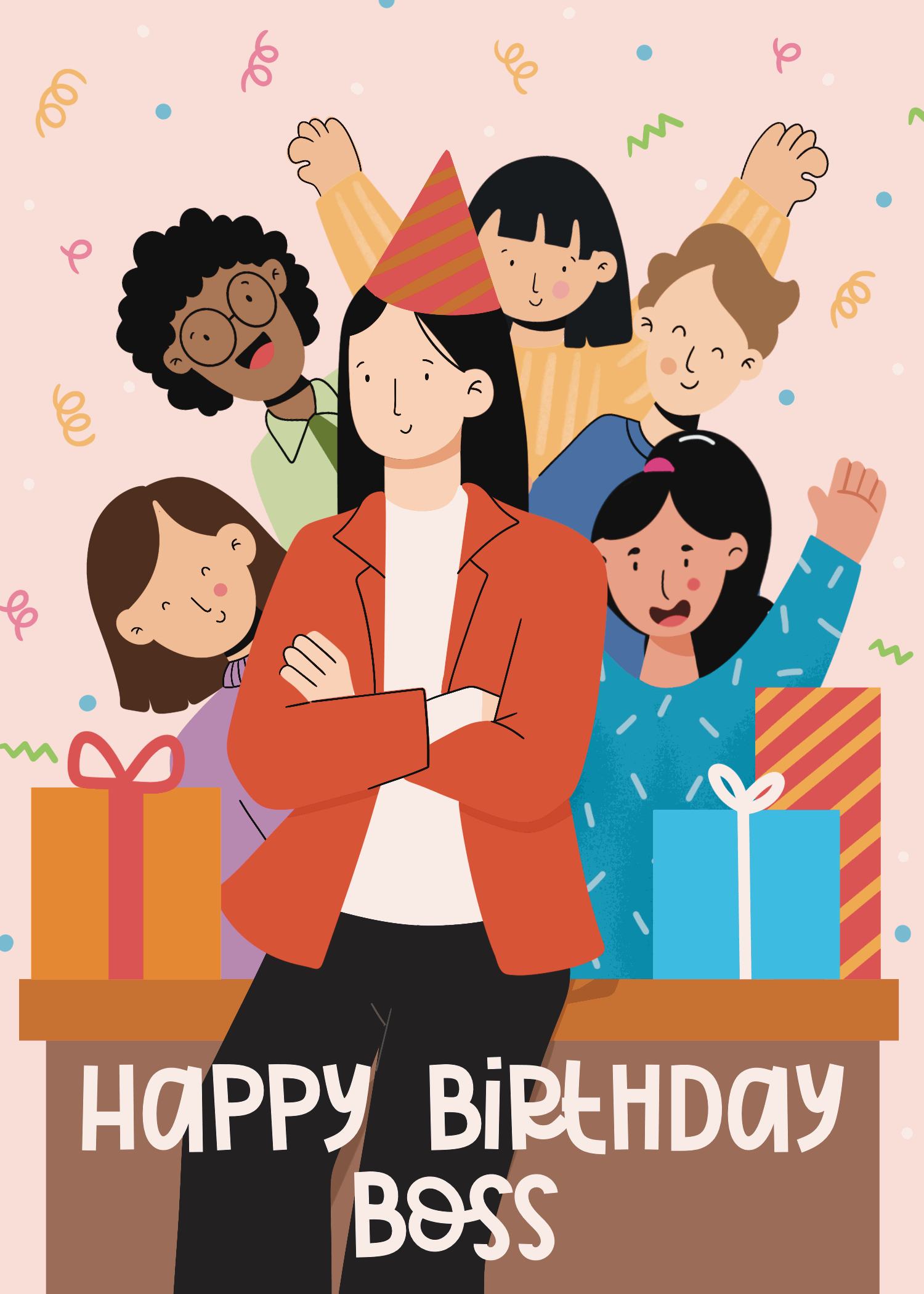 Pink animated birthday card with illustrated female boss in red blazer surrounded by celebrating team members and gift boxes with Happy Birthday Boss text