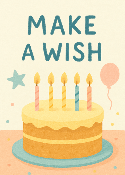 Cream birthday card with illustrated birthday cake with five candles, a floating balloon, and 'MAKE A WISH' text