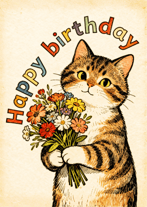 Vintage-style illustrated orange tabby cat with wide green eyes holding a colorful wildflower bouquet of red poppies, orange blooms, and white daisies on a cream textured background with arched Happy Birthday text in green and yellow