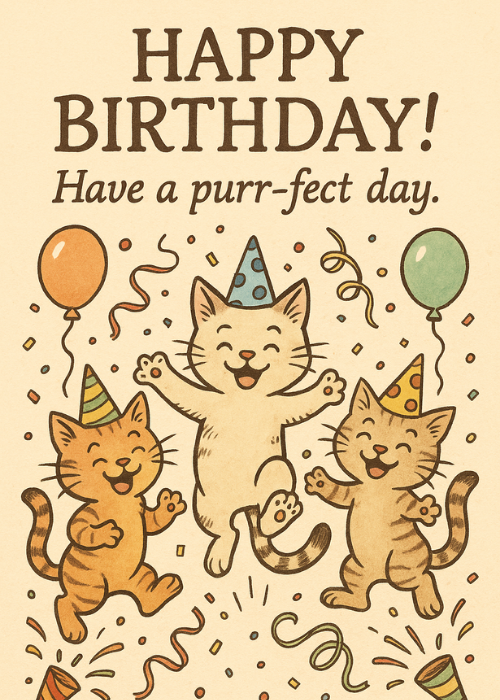 Birthday card on a warm cream background with three illustrated cartoon cats wearing colorful party hats, an orange tabby waving on the left, a grey cat holding a small birthday cake with candles in the center, and a tall orange striped cat on the right, confetti dots and streamers scattered around, bold dark text reading Happy Birthday at the top and Have a purr-fect day below