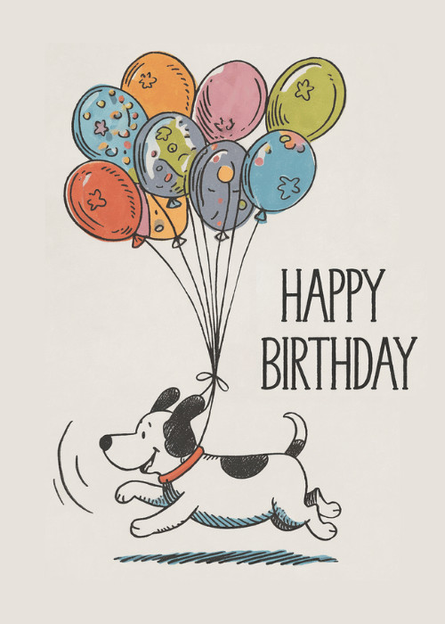 Birthday card with vintage pen-sketch illustration of a running dog trailing colorful balloons in classic line art style