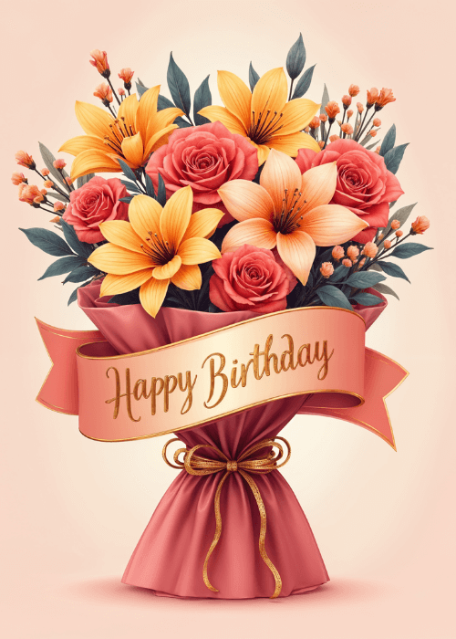 Wrapped bouquet of red roses and golden yellow lilies with green foliage tied with a mauve satin bow and a Happy Birthday ribbon banner on a peach background