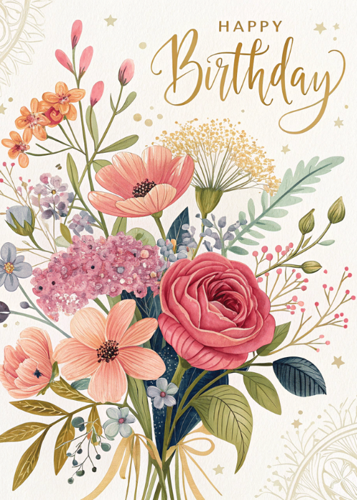 Birthday card with lush watercolor rose and peony bouquet in soft pinks with gold script birthday lettering