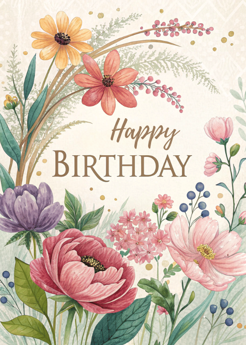 Elegant birthday card on a cream white background with a full lush circular watercolor floral wreath featuring large open-faced pink peonies purple and violet flowers small yellow and white accent blooms delicate pink buds and abundant dark and light green foliage, a delicate golden arch at the top and centered text reading Happy in delicate script and BIRTHDAY in elegant larger serif lettering