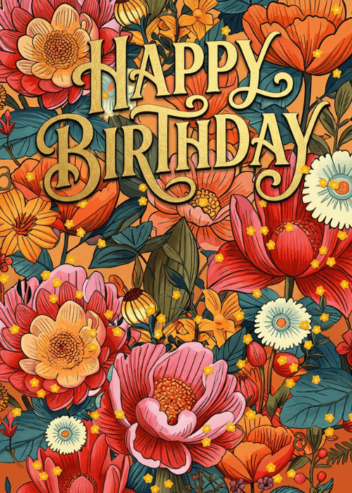 Richly illustrated full-bleed floral card with dense warm-toned flowers in red, coral, orange, and gold across the entire surface, with ornate decorative Happy Birthday lettering in red and gold at the center