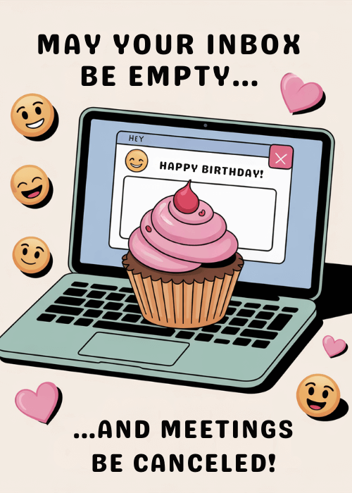 Illustrated laptop showing a Happy Birthday message with a pink cupcake bursting from the screen, surrounded by smiley emojis and pink hearts, text reading May Your Inbox Be Empty And Meetings Be Canceled on a light beige background