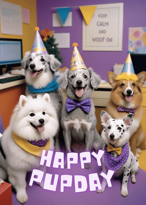 Purple office scene with five illustrated dogs wearing party hats and bold 'HAPPY PUPDAY' birthday text