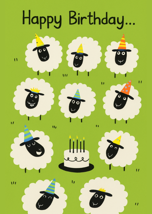 Cute cartoon sheep wearing colorful party hats arranged in a grid around a birthday cake with candles on a bright green background with Happy Birthday text