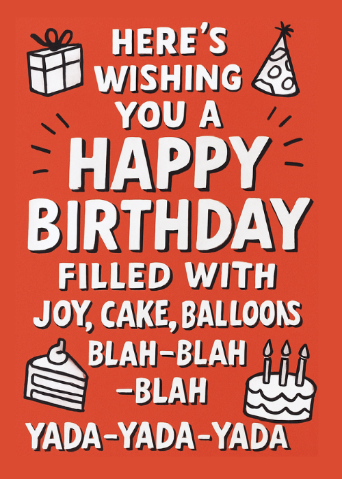 Bold white typography on a red-orange background reading Here's Wishing You A Happy Birthday Filled With Joy Cake Balloons Blah-Blah-Blah Yada-Yada-Yada with small doodles of gifts party hat cake and candles
