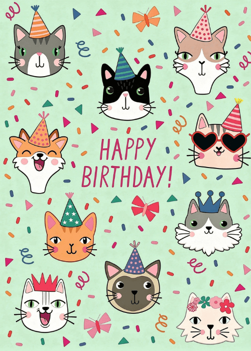Multiple illustrated cat faces wearing party hats, crowns, and bows on a mint green confetti background with Happy Birthday text in teal and pink