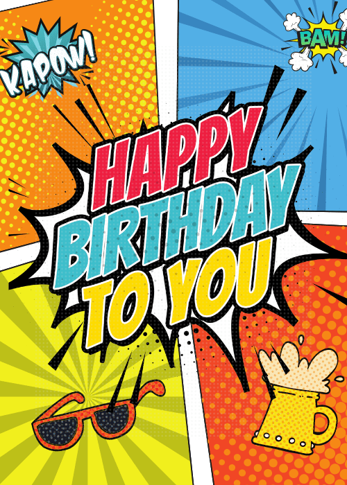 Happy birthday group greeting card superhero comic