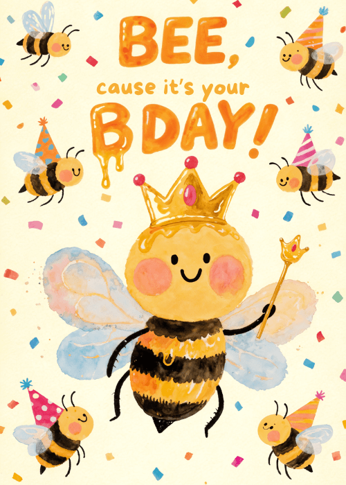 Watercolor queen bee with a gold crown and wand surrounded by smaller bees wearing colorful party hats and confetti, with playful text reading BEE cause it is your BDAY on a warm cream background