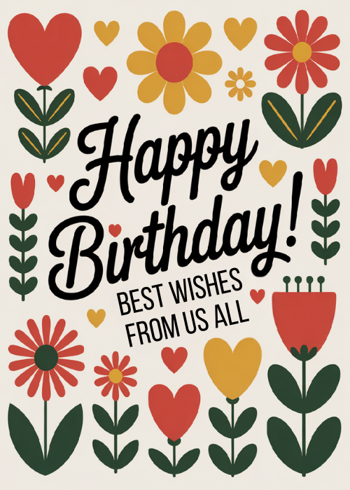 Birthday card with Scandinavian folk art illustrated flat flowers in red yellow and green botanical style