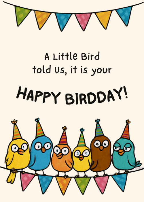 Colorful cartoon birds wearing party hats perched on a branch with triangular bunting flags and Happy Birdday text on a cream background