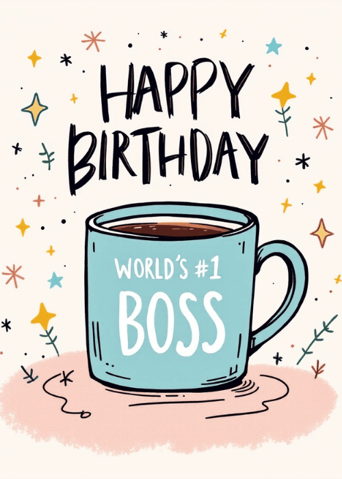 Cream birthday card with an illustrated blue coffee mug reading WORLD'S #1 BOSS with bold hand-drawn Happy Birthday text and colorful star doodles