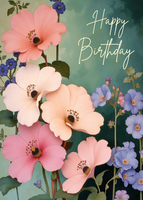 Lush floral birthday card on a rich teal-green painterly background with large pink and cream poppies with dark centers as the focal point, accented by small purple and blue flowers and green foliage, delicate gold cursive script in the upper right reading Happy Birthday