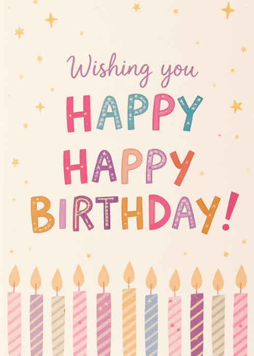 Row of colorful striped birthday candles in pink blue purple and cream with golden flames along the bottom, multicolored text reading Wishing you Happy Happy Birthday with gold star sparkles on a cream background