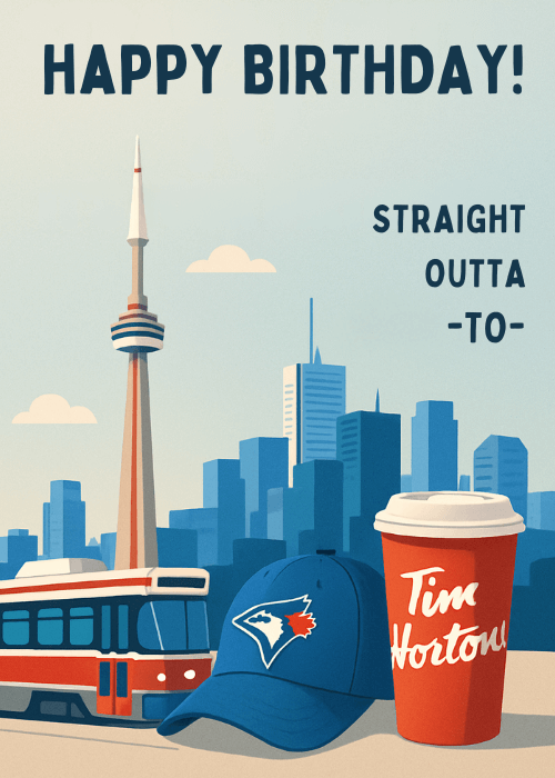Retro travel poster style birthday card with illustrated Toronto CN Tower skyline red TTC streetcar Blue Jays baseball cap Tim Hortons cup and bold Happy Birthday Straight Outta TO text