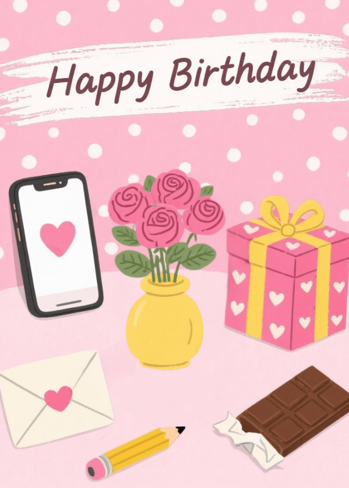 Birthday card on pink polka-dot background with illustrated flat-lay of smartphone roses vase wrapped gift box chocolates love letter and pencil with Happy Birthday cursive brushstroke banner