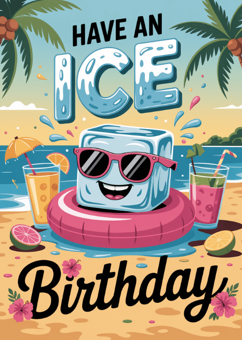 Birthday card with vibrant sunny beach scene featuring kawaii ice cube character in pink sunglasses on pink inflatable ring flanked by tropical drinks palm trees golden sand and bold Have an Ice Birthday text
