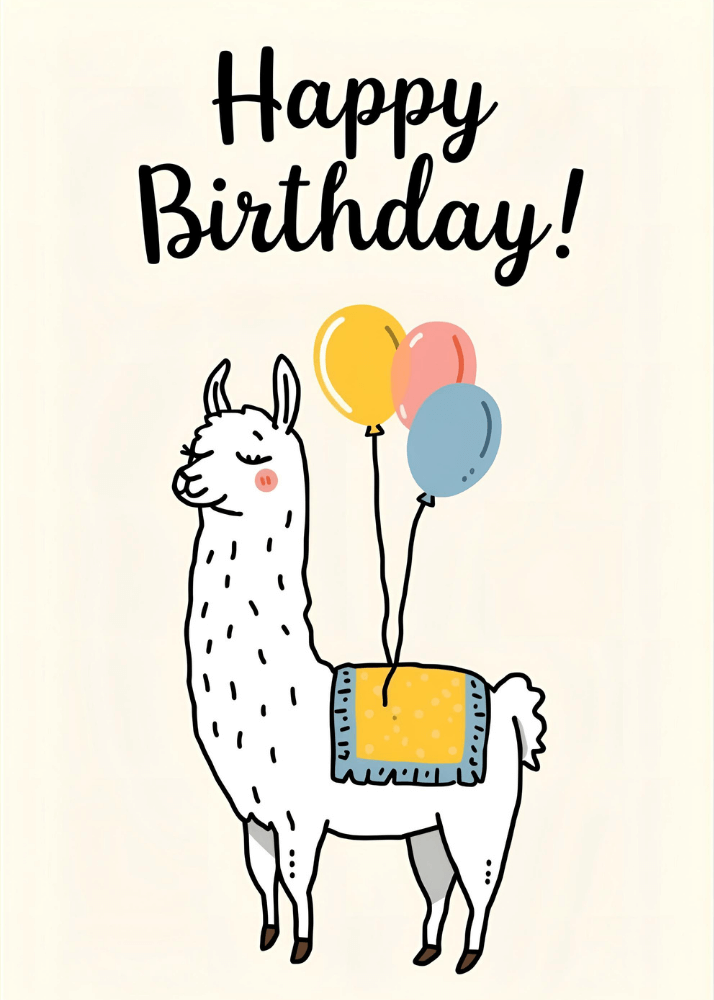 Clean illustrated birthday card on cream background with white llama wearing teal and yellow decorative saddle blanket with three pastel yellow pink and blue balloons floating from its back under bold Happy Birthday brush script