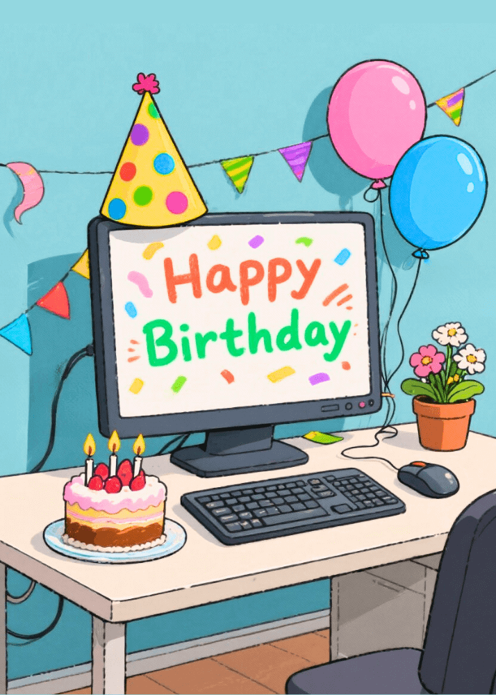 Illustrated birthday card with blue office interior desktop computer showing Happy Birthday on screen party hat on monitor pink and blue balloons triangle bunting flags and birthday cake with lit candles on desk