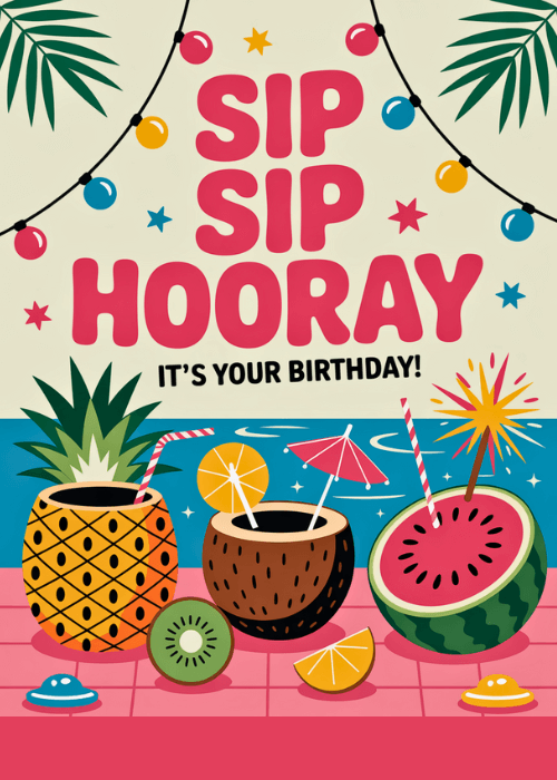 Bold retro tropical birthday card with Sip Sip Hooray and Its Your Birthday text above a poolside scene featuring fruit cocktails made from a pineapple, coconut, and watermelon with string lights