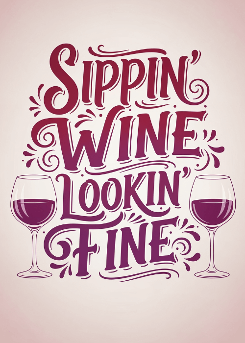Birthday card on blush pink background with large ornate hand-lettered deep burgundy and magenta Sippin Wine Lookin Fine typography with swirls flourishes and two outlined red wine glasses