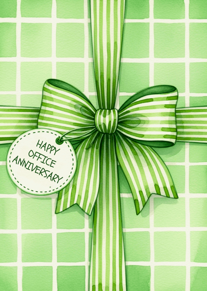 Work anniversary card styled as wrapped gift with green and white checkered wrapping paper bold diagonal striped ribbon bow and circular Happy Office Anniversary gift tag