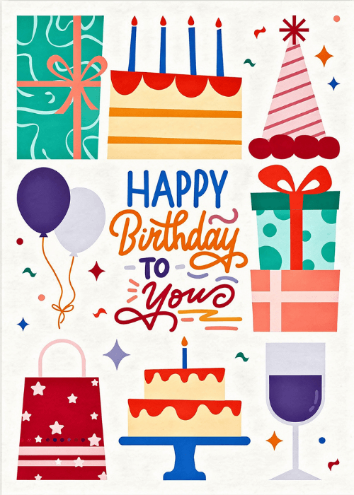 Colorful illustrated birthday party elements including a cake, candles, gifts, balloons, and a party hat surrounding Happy Birthday to You text on a white background