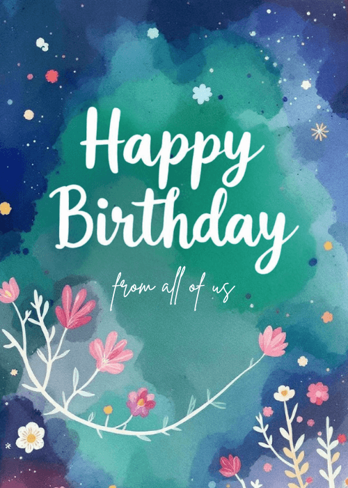 Birthday card with deep blue watercolor galaxy background and delicate white botanical branches with Happy Birthday text