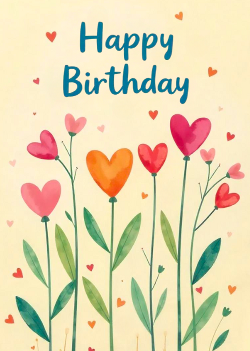 Soft watercolor birthday card with heart-shaped flowers on tall stems in pink and orange, scattered heart confetti throughout, and Happy Birthday in teal handwritten script at the top
