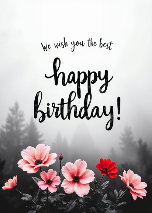 Birthday card with black and white misty pine forest background and vivid pink and red anemone flowers in sharp color contrast foreground with elegant brush-script Happy Birthday text