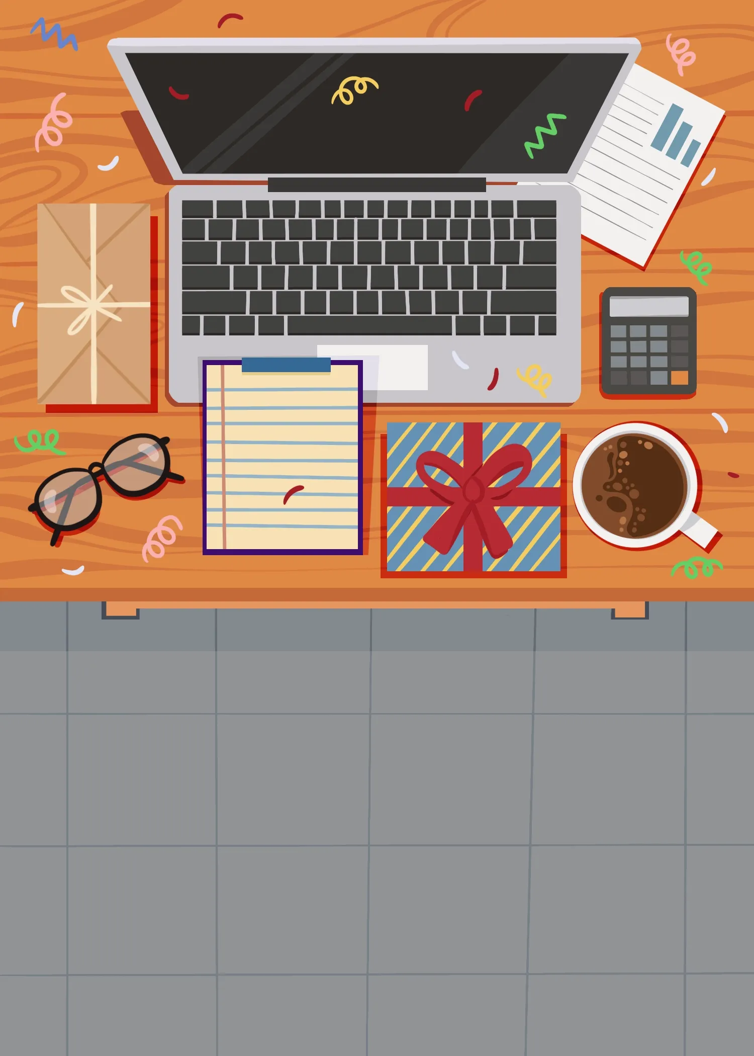 Animated top-down view of an office desk decorated with birthday confetti, a wrapped gift, coffee cup, glasses, and an open laptop