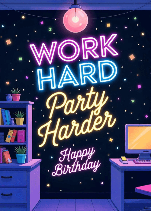 Dark illustrated office birthday card with neon text 'WORK HARD Party Harder Happy Birthday', a disco ball, and confetti