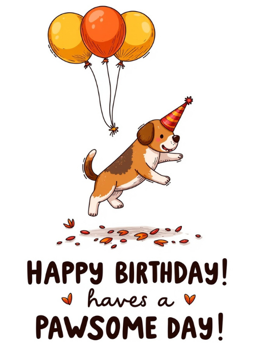 Birthday card with illustrated beagle in a party hat floating on colorful balloons with Paw-some Birthday pun text