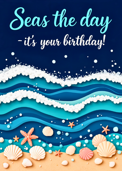 Paper-cut style layered ocean waves in shades of blue with white foam crashing onto a sandy beach with seashells and starfish, text reading Seas the day it's your birthday against a dark navy sky