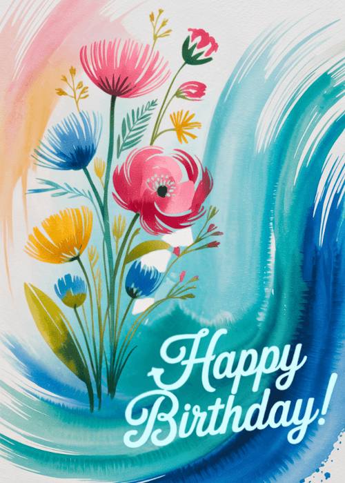 Birthday card with vibrant watercolor brushstroke background and loose wildflower arrangement in vivid mixed colors