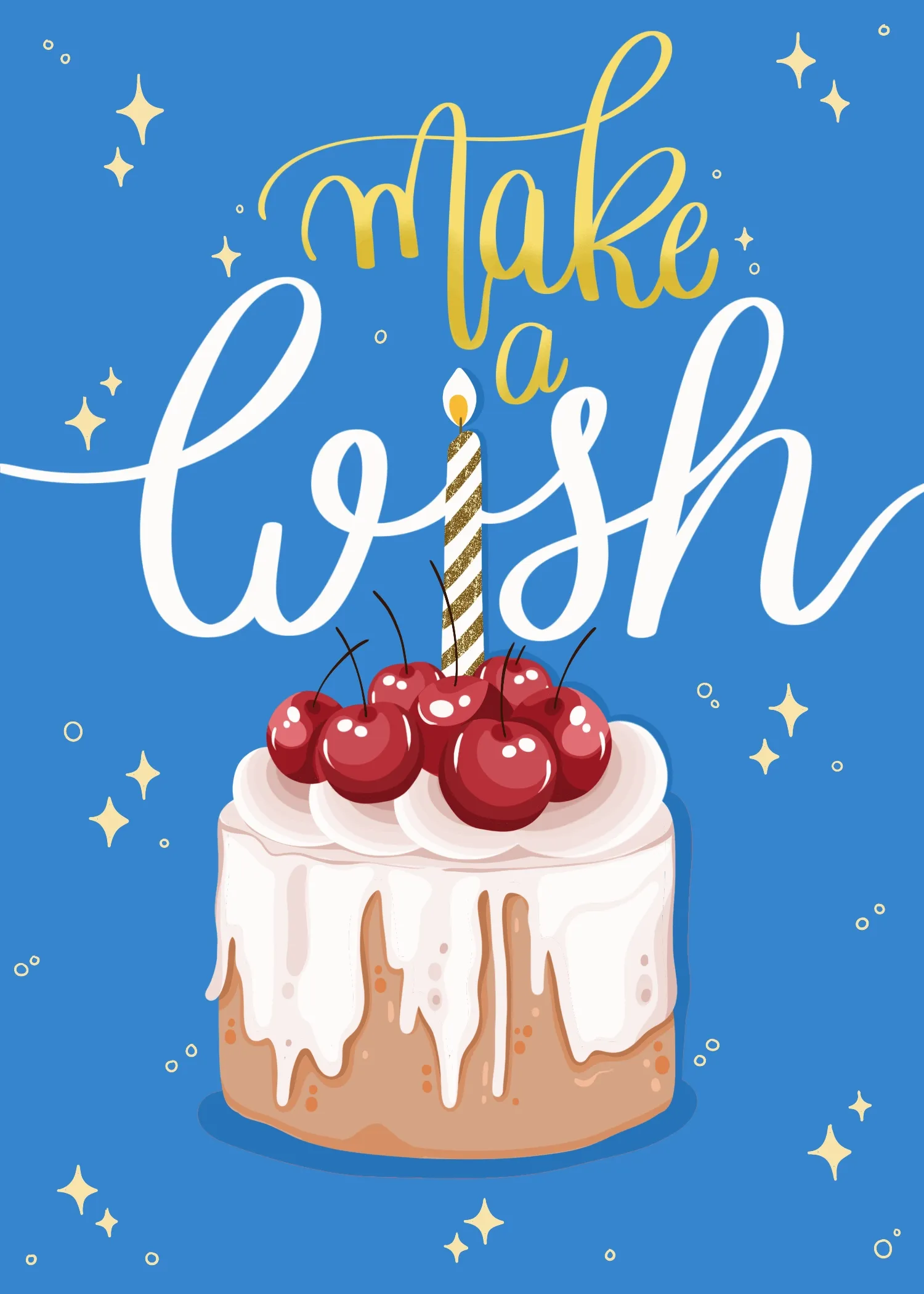 Animated birthday cake with cherries and a striped candle on a blue starry background with hand-lettered Make a Wish text