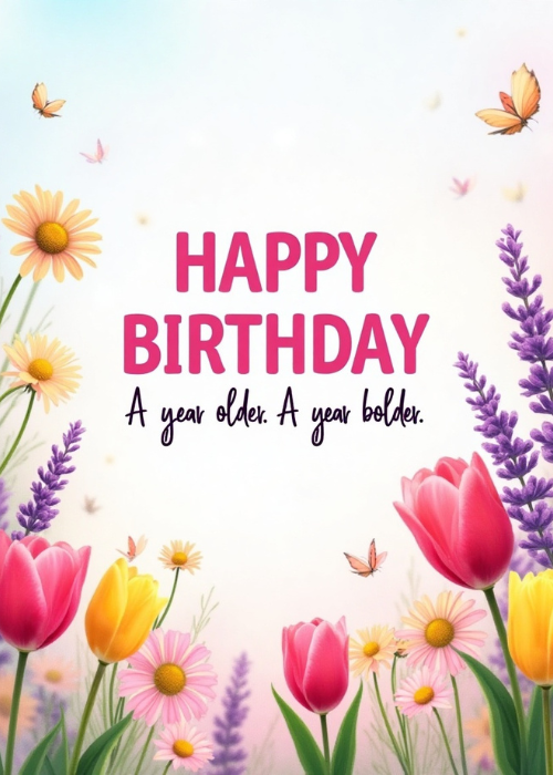 Birthday card with illustrated floral border of tulips daisies lavender and butterflies with Another Year Older Bolder text
