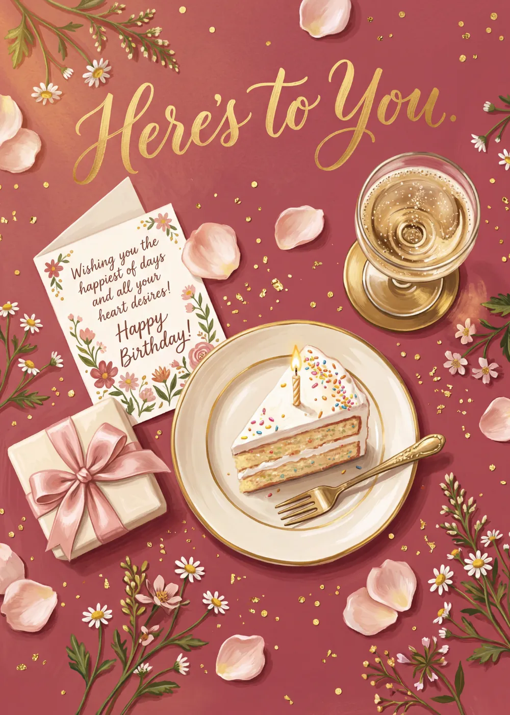 A flat lay of a cake slice, coffee, and flowers with the text Here's to You.