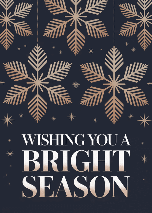 Gold snowflakes hanging on a dark blue starry background with wishing you a bright season text