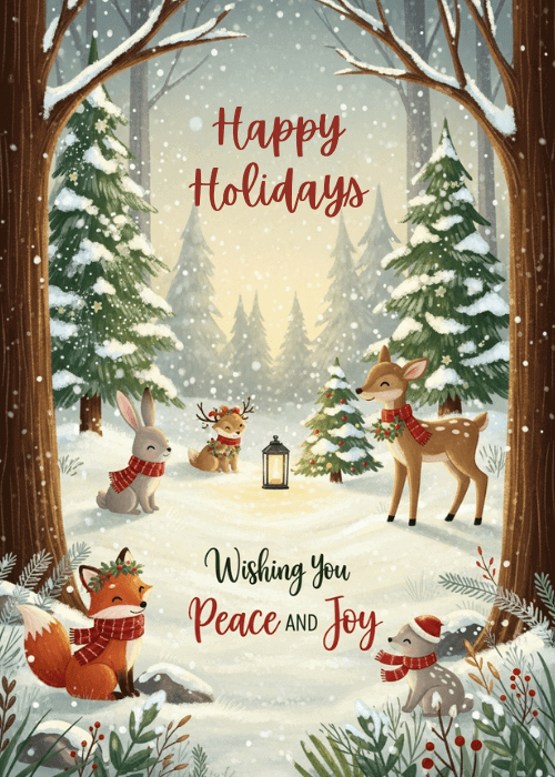 Illustrated forest animals gathered around a lantern in a snowy forest for the holidays