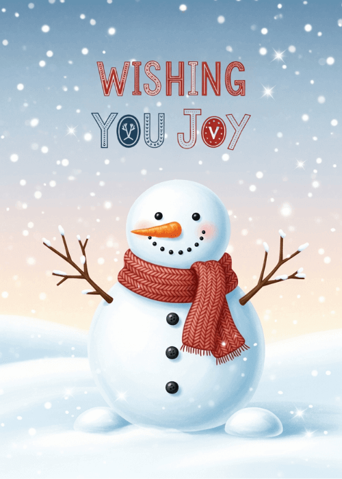 Happy holidays snowman card with cute illustrated joyful snowman character in winter setting and warm wishing you joy holiday message in a cheerful festive composition