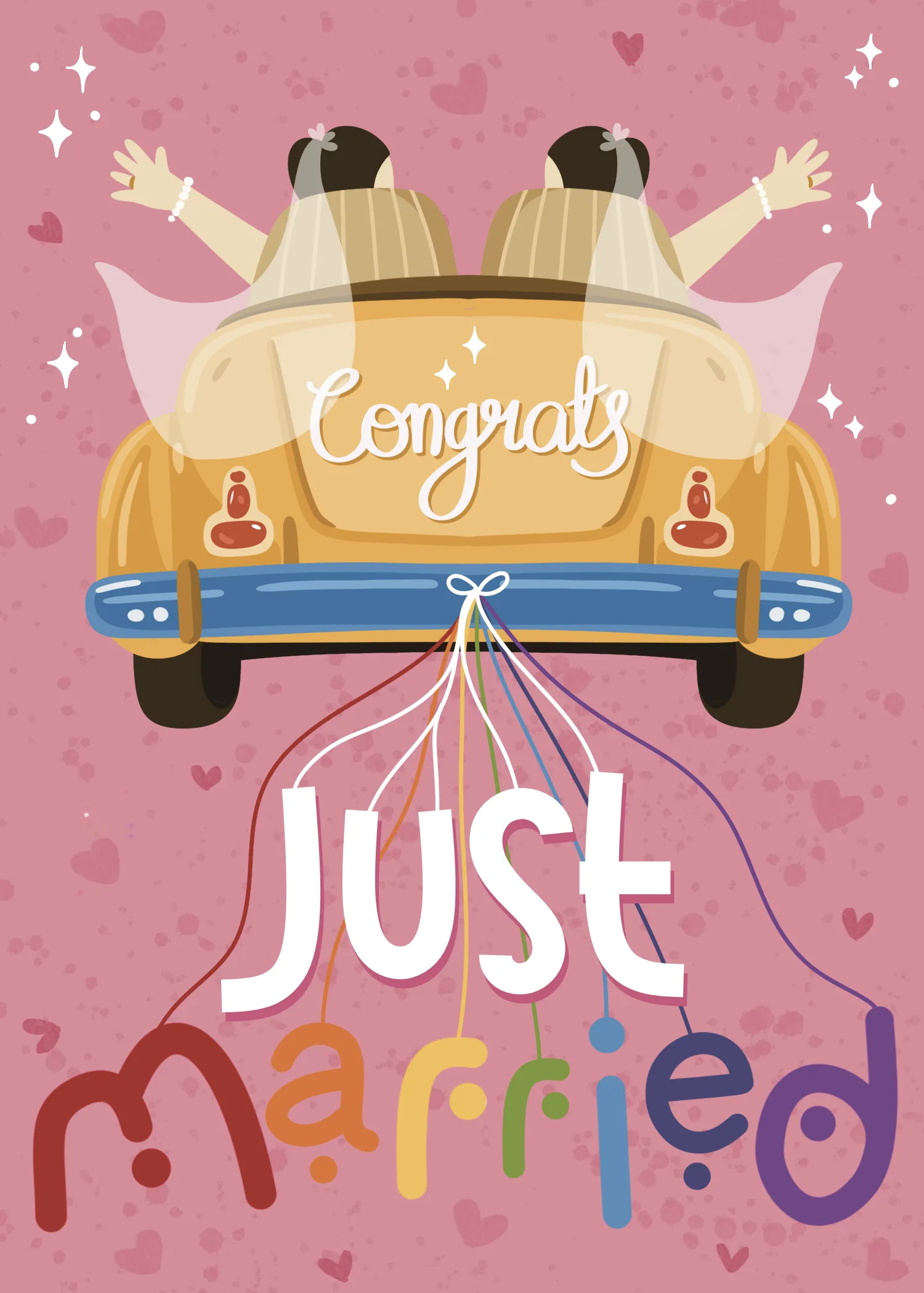 Two brides in a flower-decorated car with a Just Married banner in pastel illustration