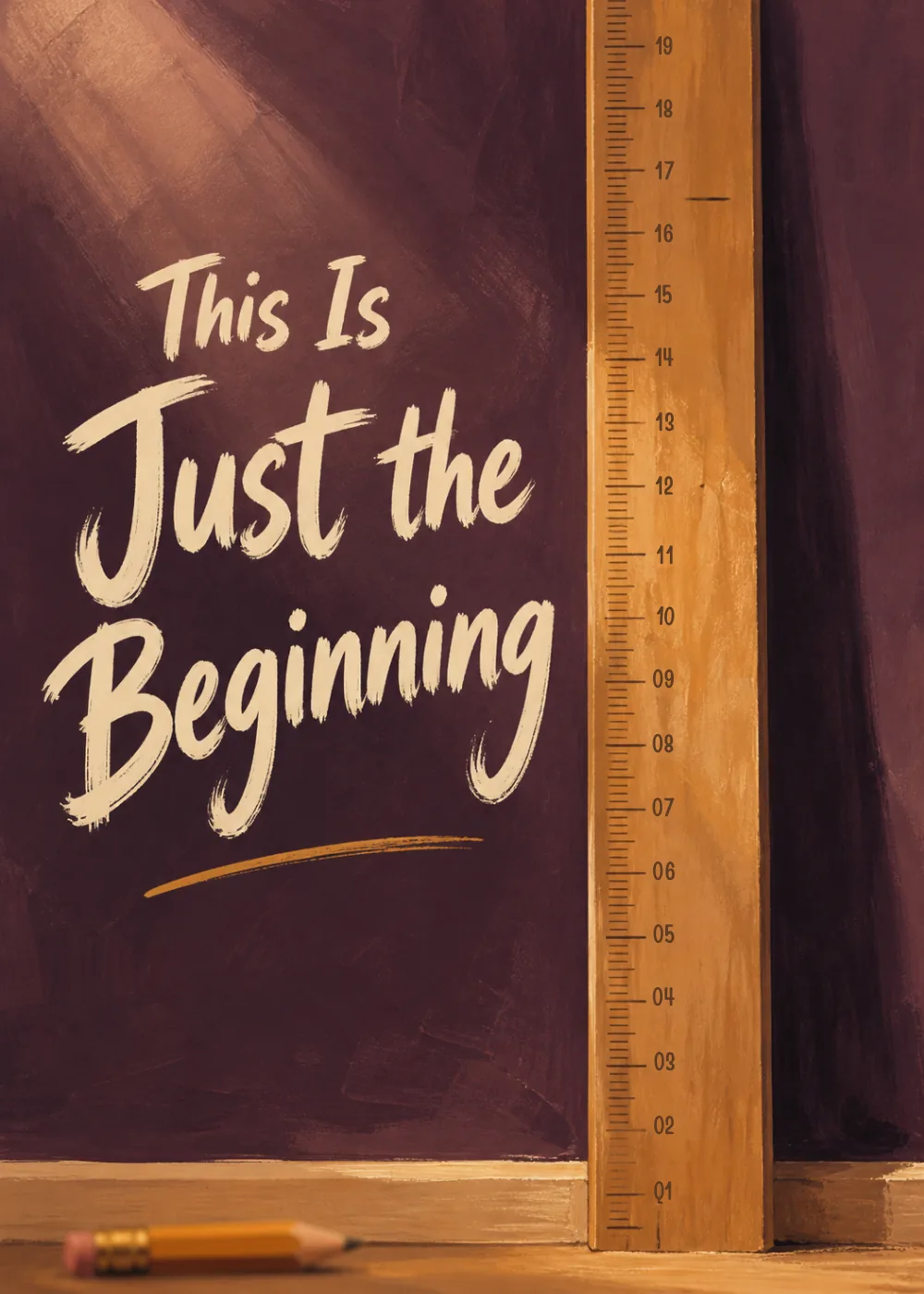 Chalkboard graduation card with bold brush lettering beside a wooden growth-chart ruler and pencil